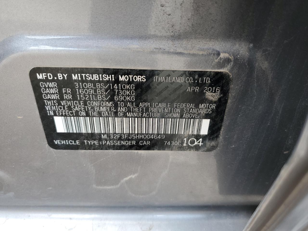 ML32F3FJ5HH004649 2017 Mitsubishi Mirage G4 Es