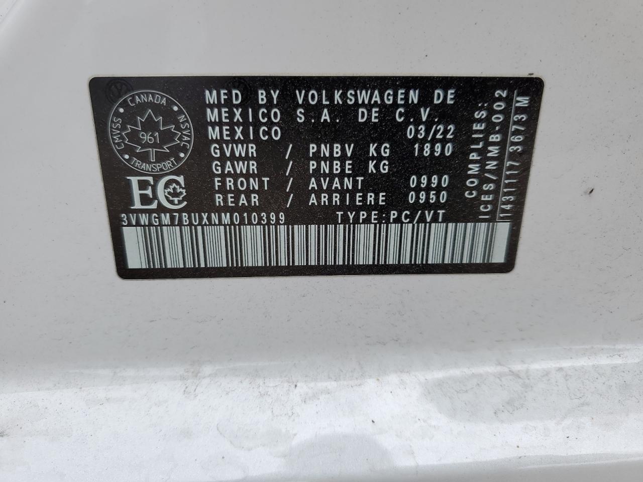 3VWGM7BUXNM010399 2022 Volkswagen Jetta Sel
