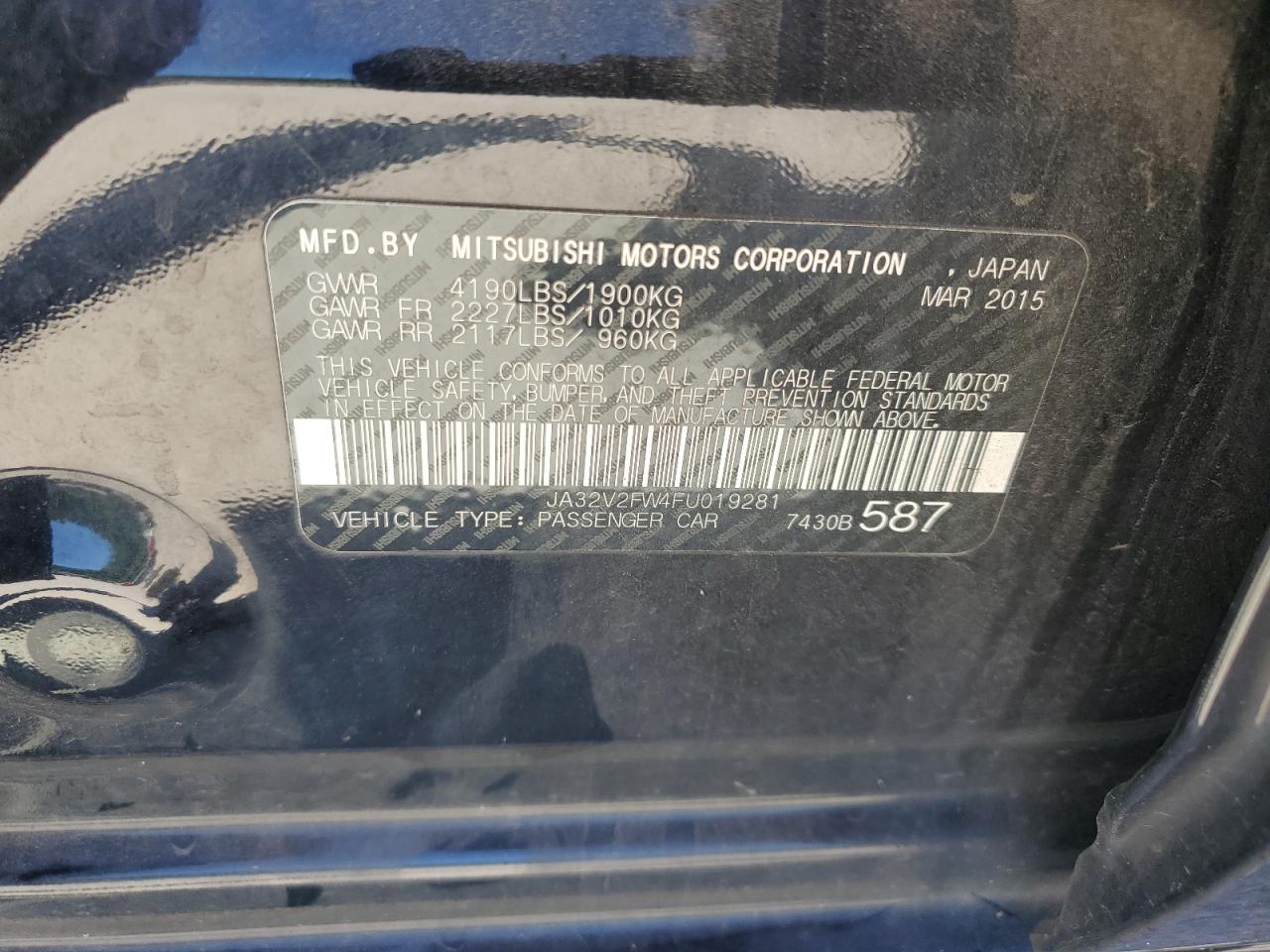 JA32V2FW4FU019281 2015 Mitsubishi Lancer Se