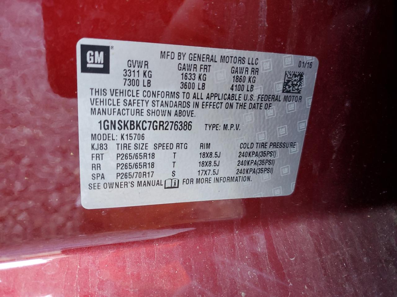 1GNSKBKC7GR276386 2016 Chevrolet Tahoe K1500 Lt