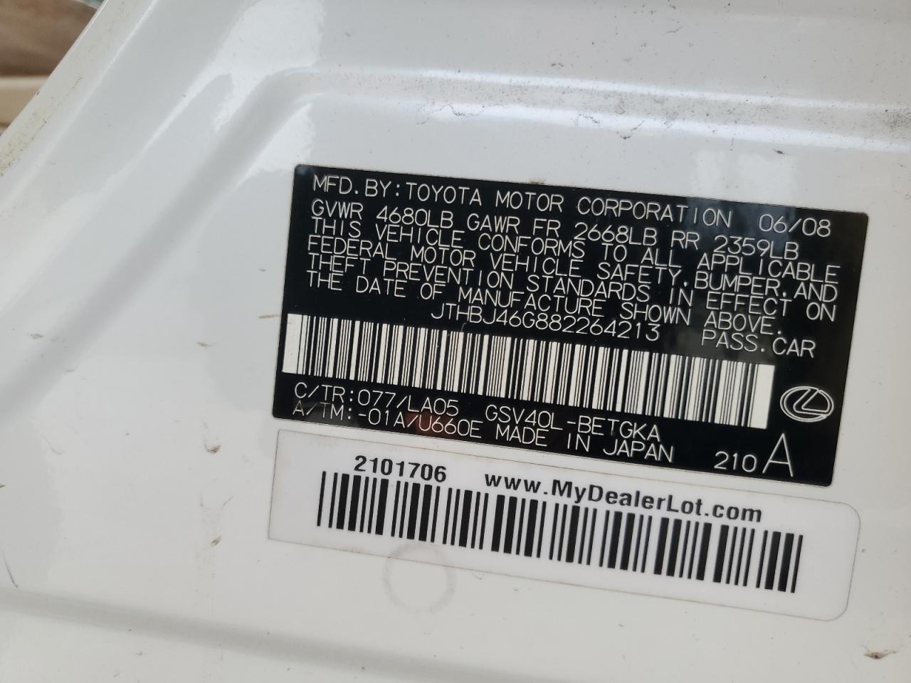 JTHBJ46G882264213 2008 Lexus Es 350