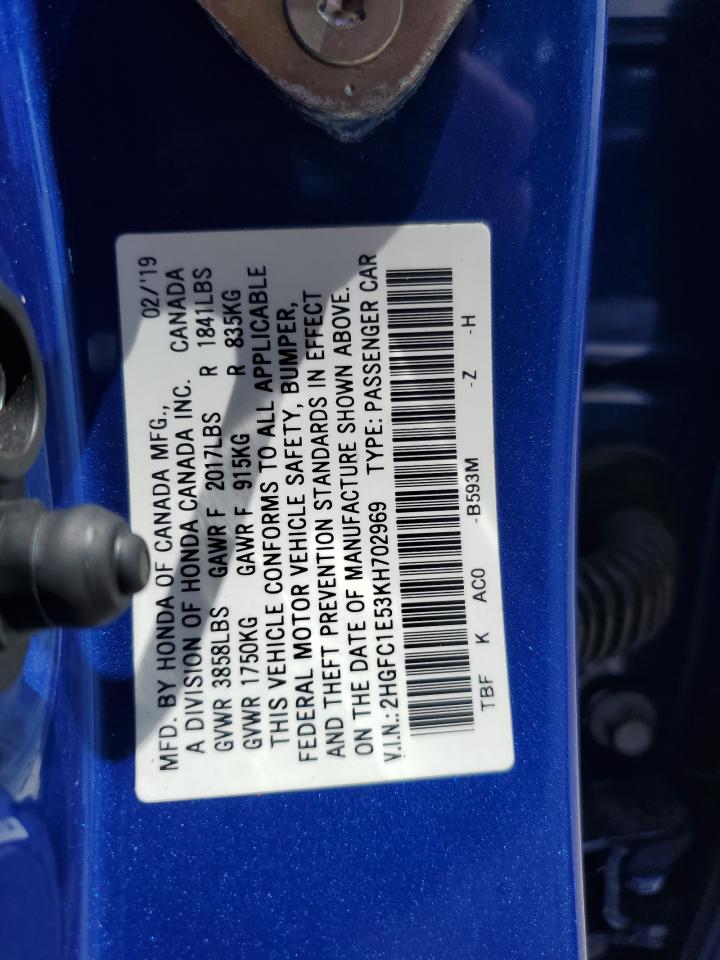 2HGFC1E53KH702969 HONDA CIVIC 2019