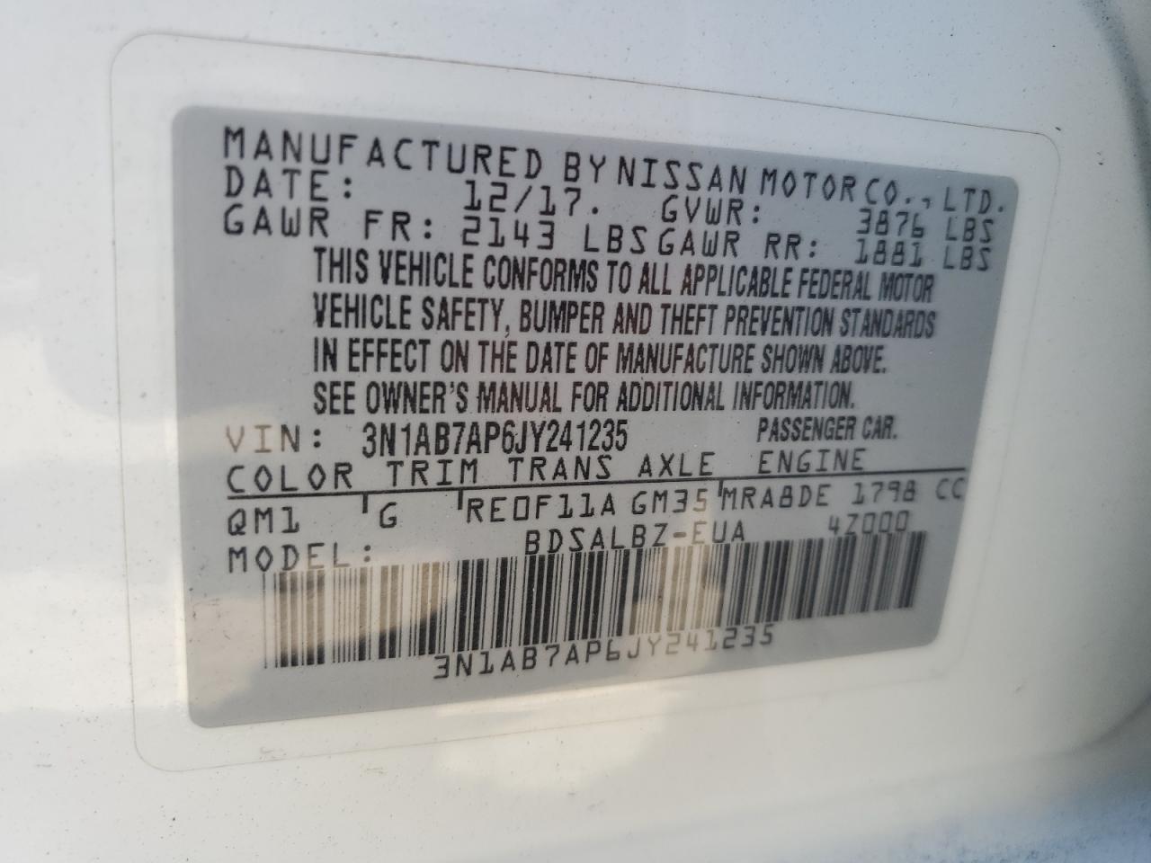 3N1AB7AP6JY241235 2018 Nissan Sentra S