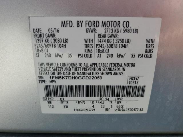 2016 Ford Explorer Xlt VIN: 1FM5K7DH0GGD22059 Lot: 62072624