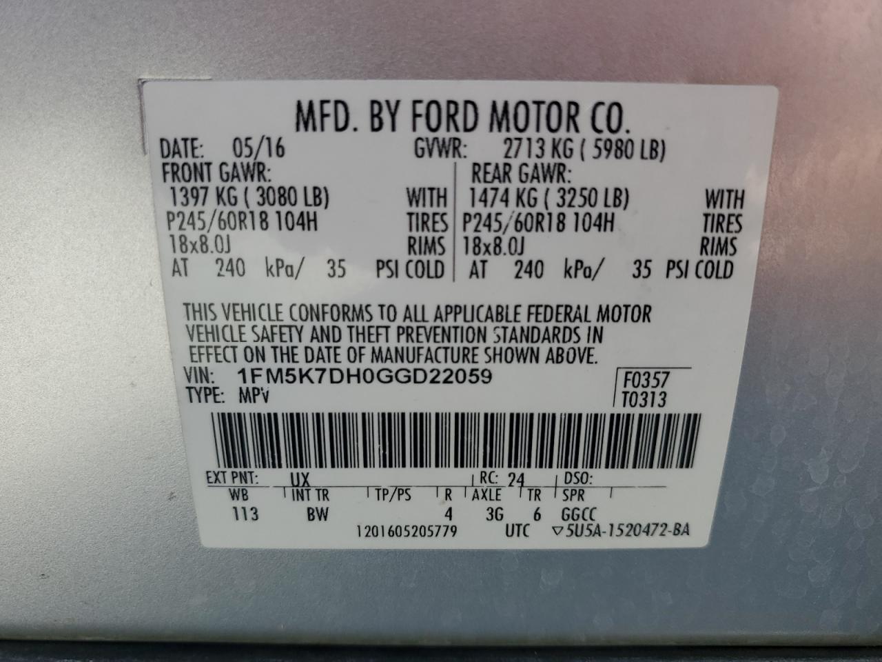 1FM5K7DH0GGD22059 FORD EXPLORER 2016