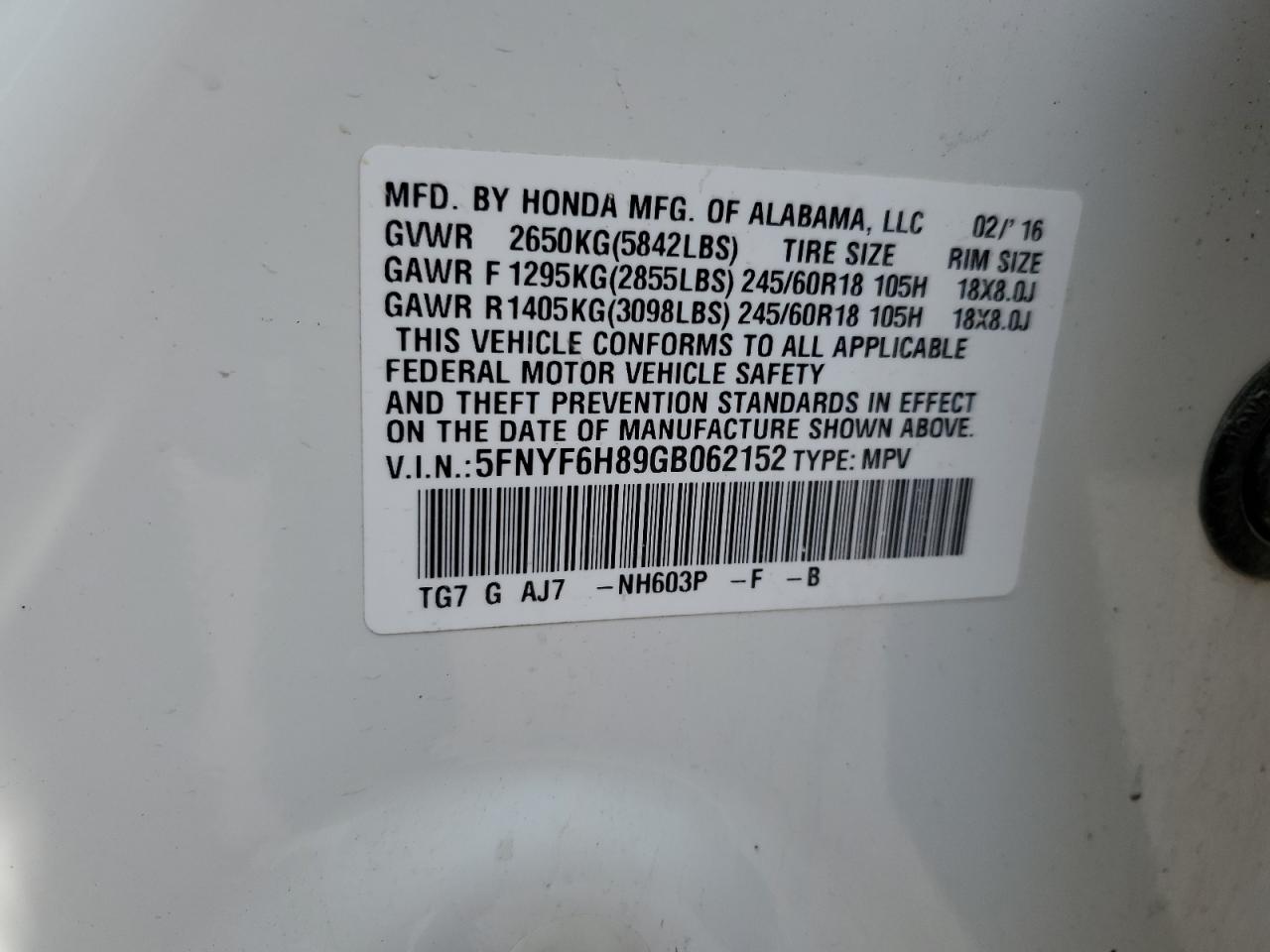 5FNYF6H89GB062152 2016 Honda Pilot Exl