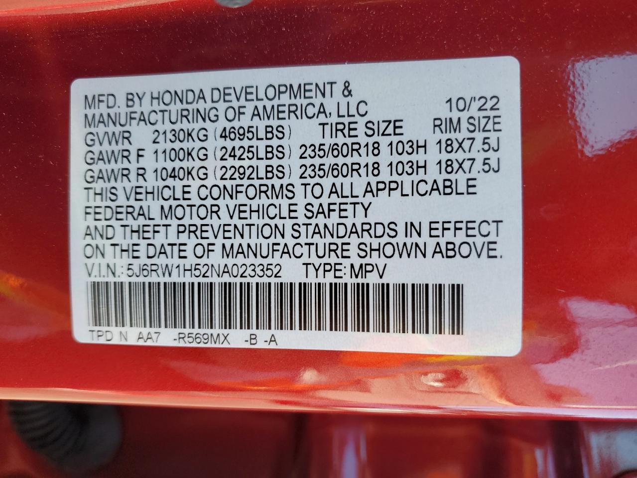 5J6RW1H52NA023352 2022 Honda Cr-V Ex