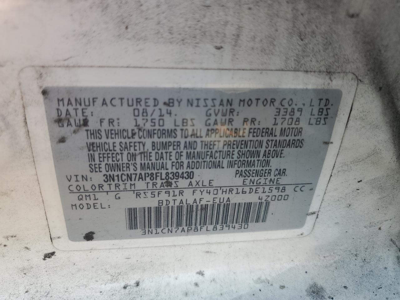 3N1CN7AP8FL839430 2015 Nissan Versa S