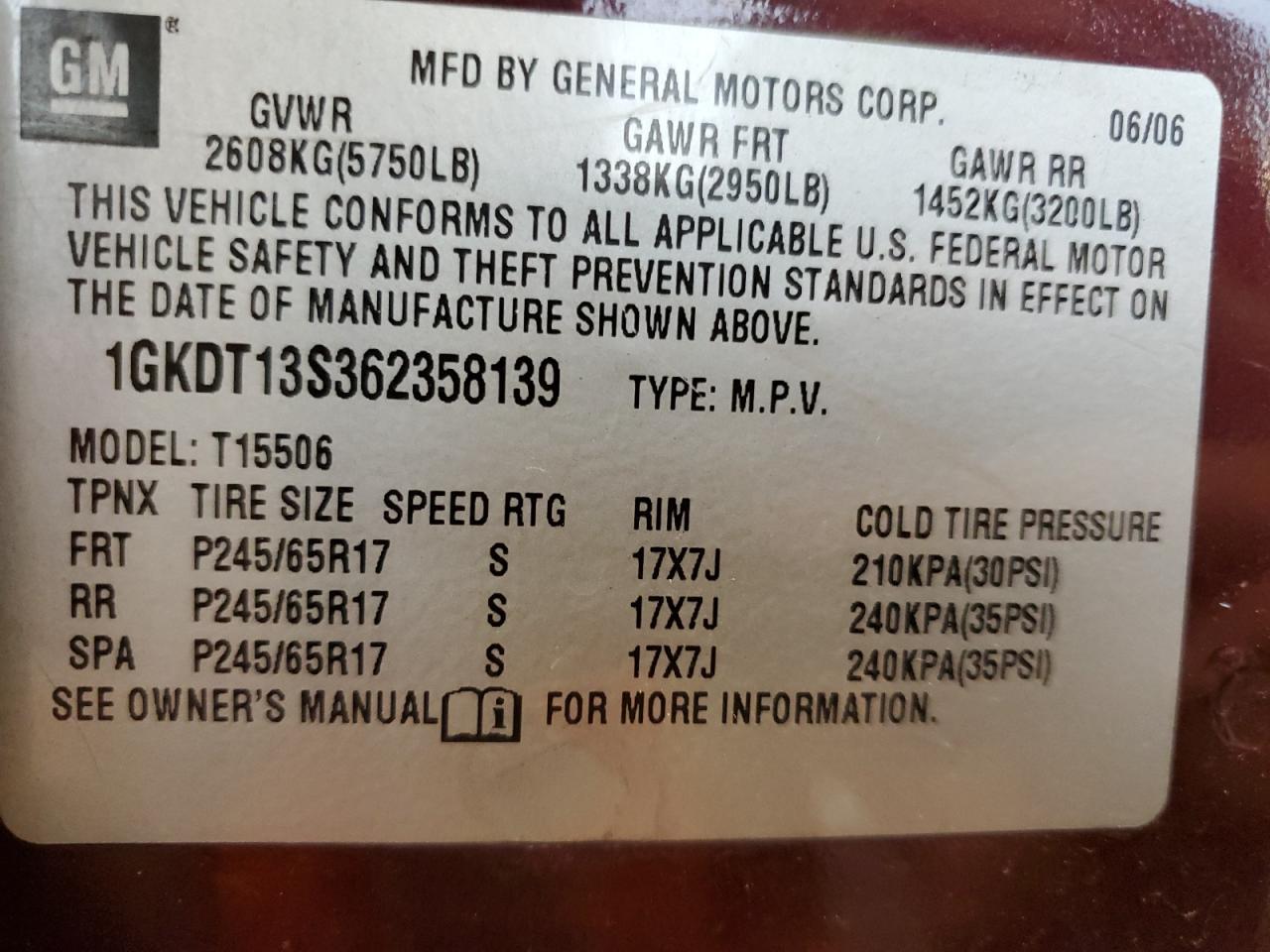 1gkdt13s362358139 1GKDT13S362358139 2006 GMC Envoy