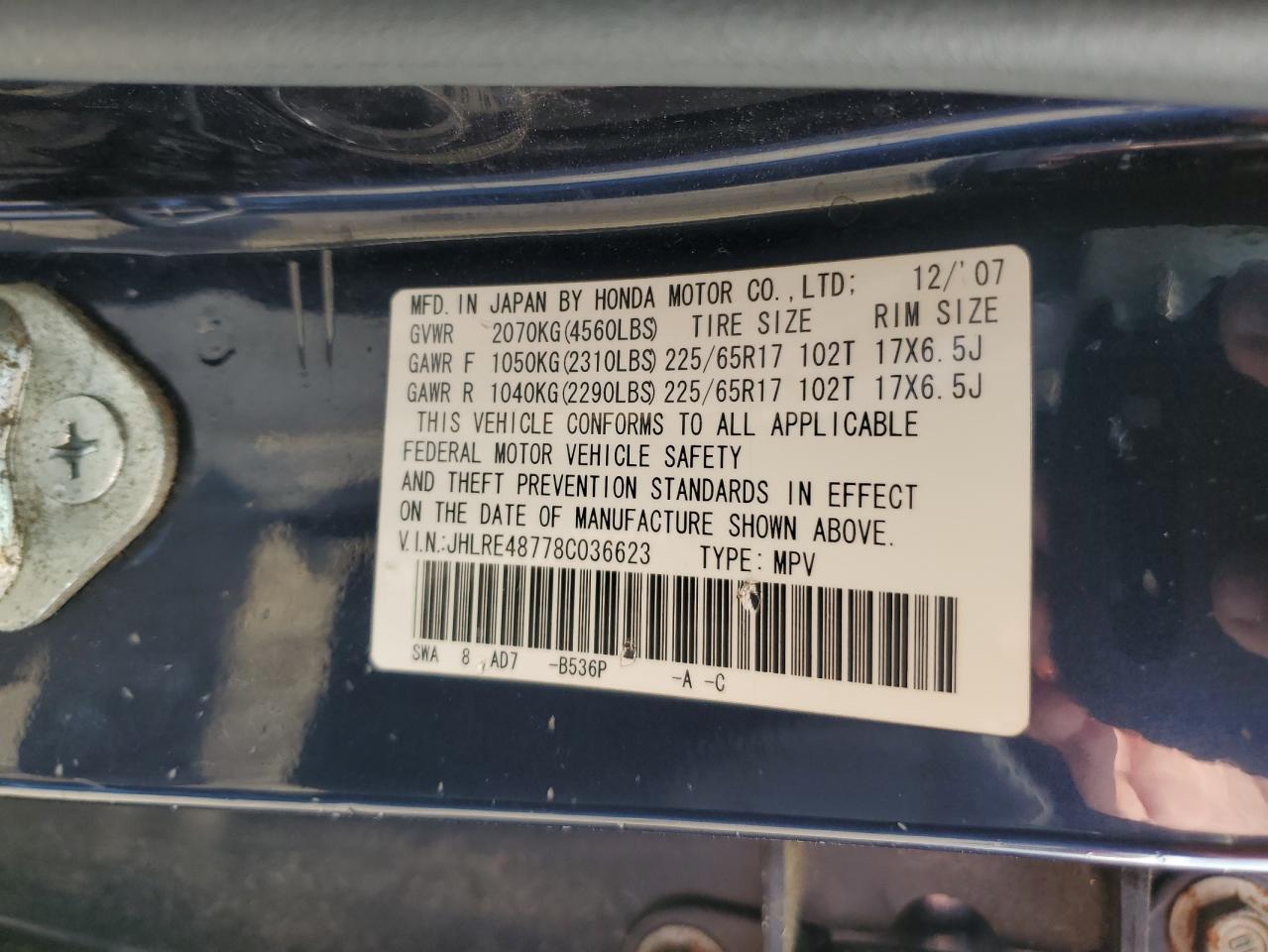 JHLRE48778C036623 2008 Honda Cr-V Exl