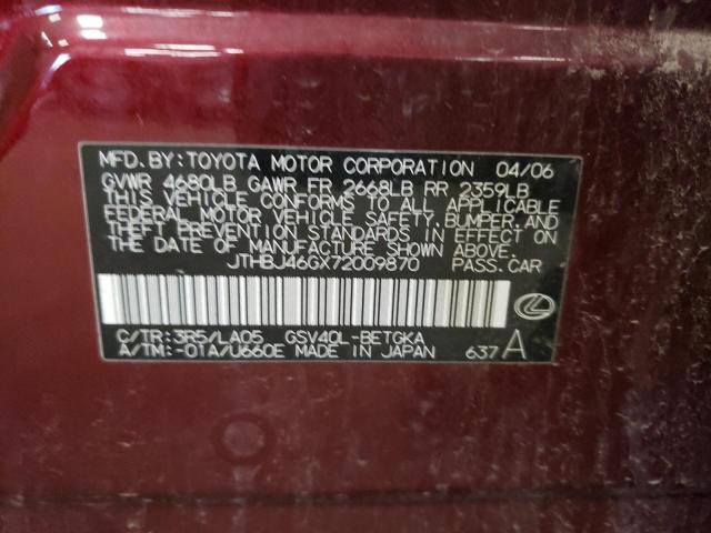 2007 Lexus Es 350 VIN: JTHBJ46GX72009870 Lot: 61641864