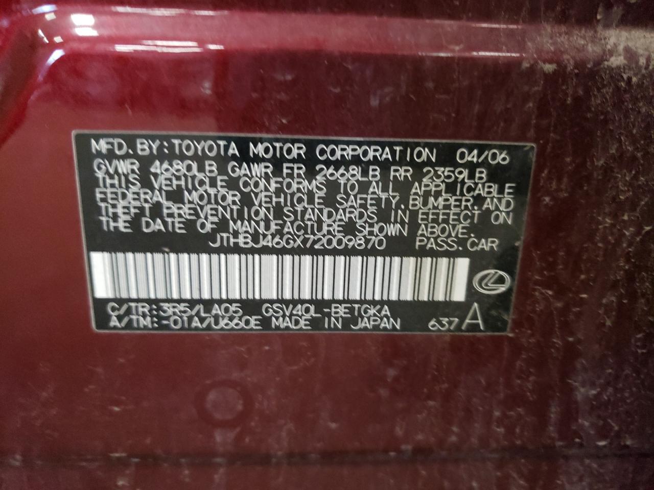 JTHBJ46GX72009870 2007 Lexus Es 350