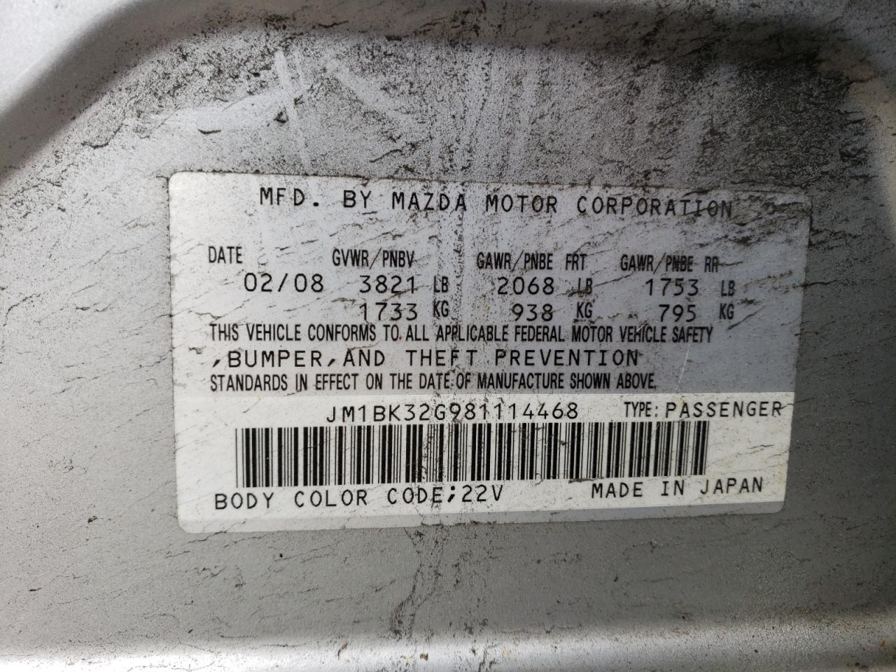 JM1BK32G981114468 2008 Mazda 3 I