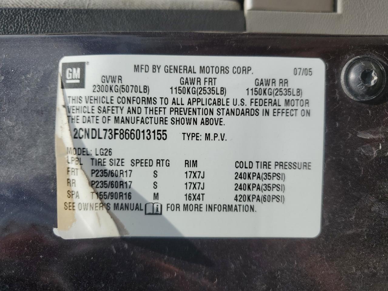 2CNDL73F866013155 2006 Chevrolet Equinox Lt