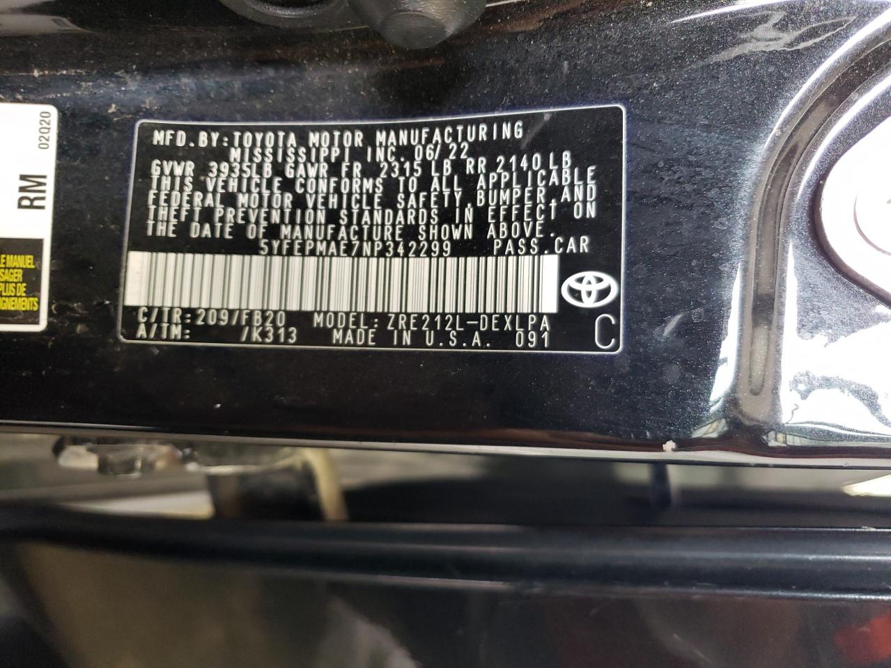 5YFEPMAE7NP342299 TOYOTA COROLLA 2022