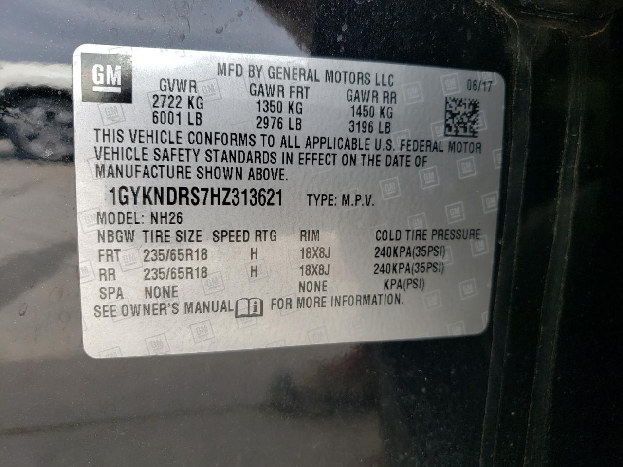 1GYKNDRS7HZ313621 2017 Cadillac Xt5 Luxury