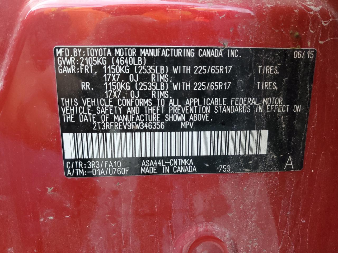 2T3RFREV9FW346356 2015 Toyota Rav4 Xle