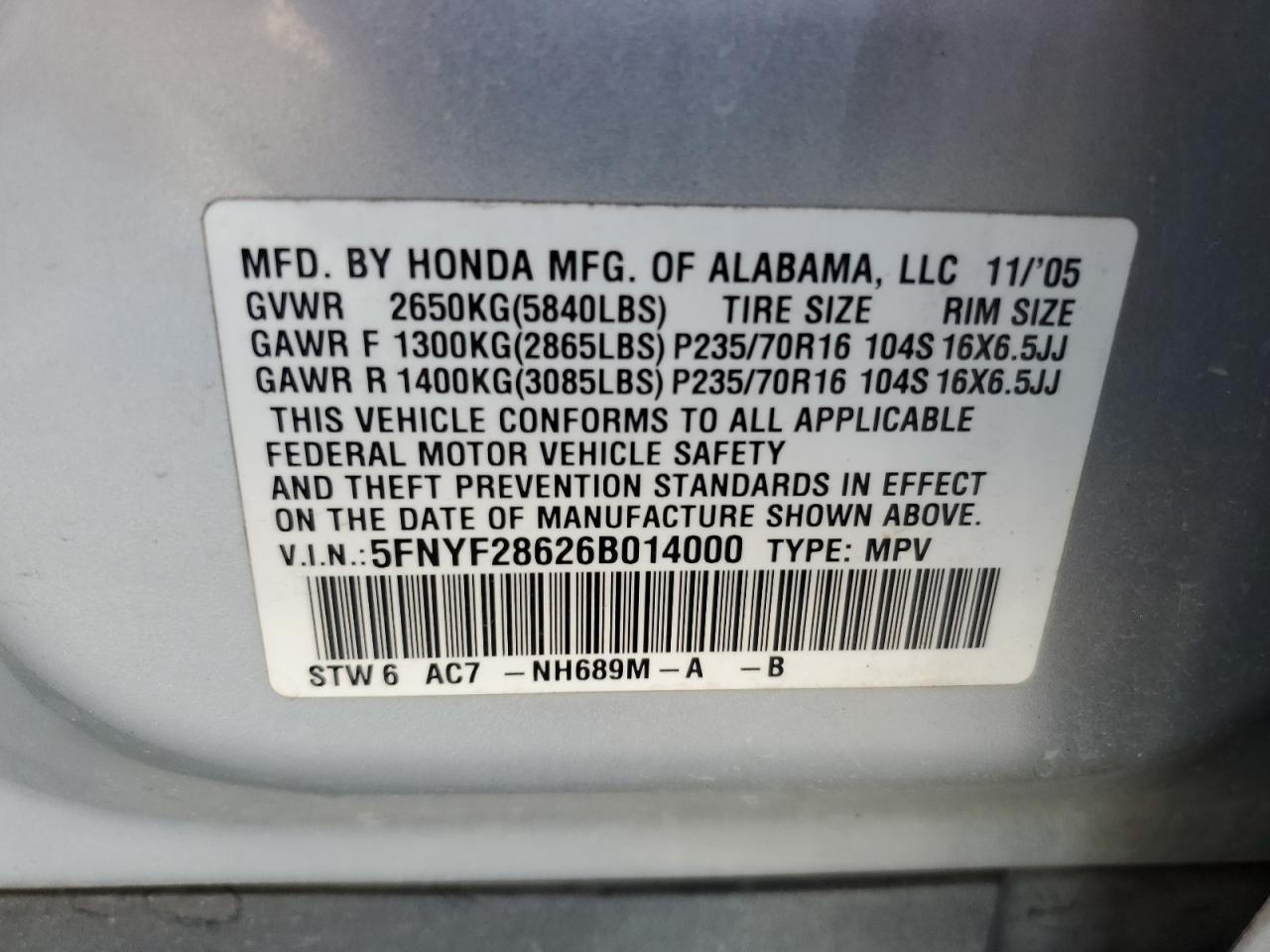 5FNYF28626B014000 2006 Honda Pilot Ex