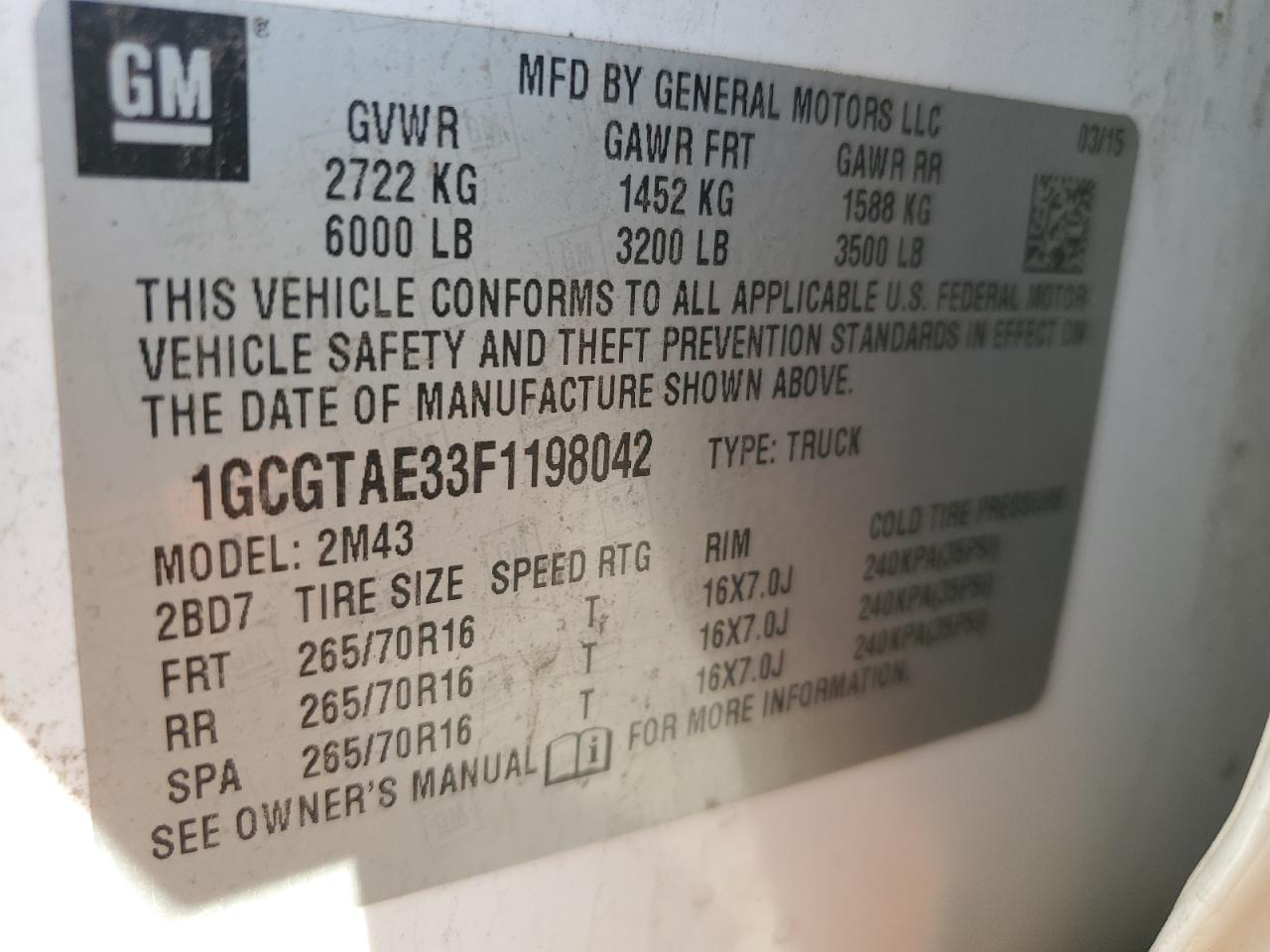 1GCGTAE33F1198042 2015 Chevrolet Colorado