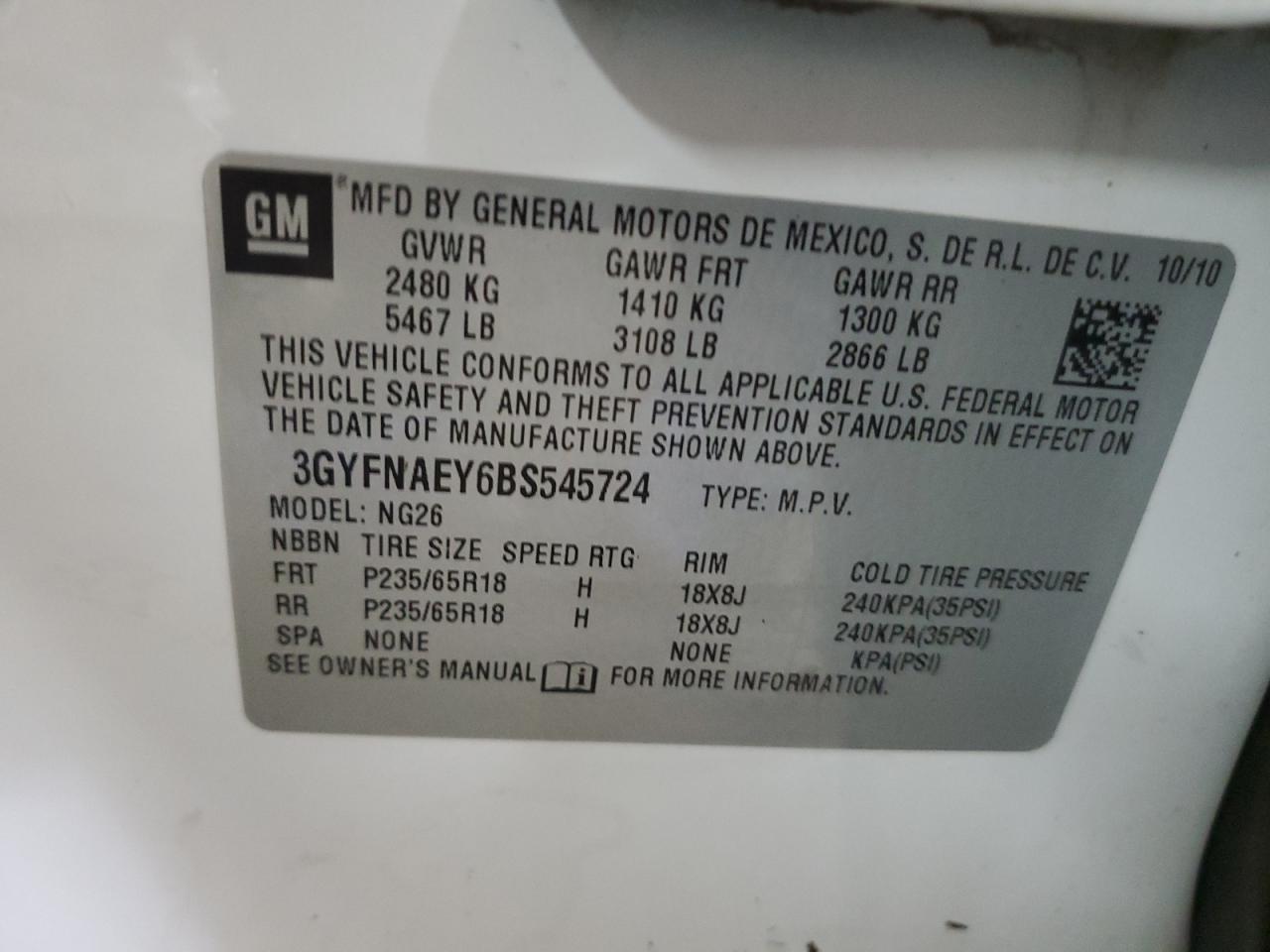 3GYFNAEY6BS545724 2011 Cadillac Srx Luxury Collection