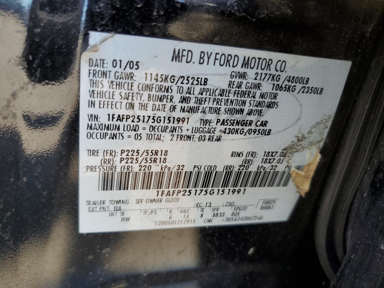 1FAFP25175G151991 2005 Ford Five Hundred Limited