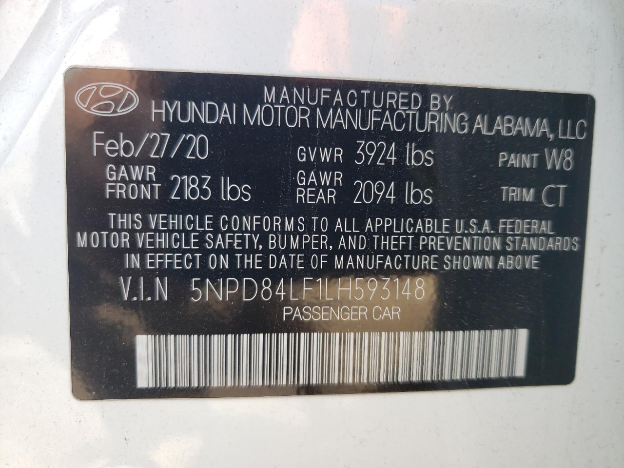 2020 Hyundai Elantra Sel vin: 5NPD84LF1LH593148