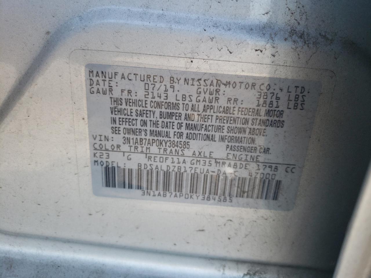 3N1AB7AP0KY384585 2019 Nissan Sentra S