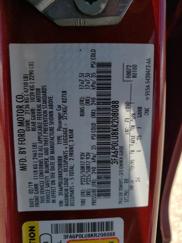 3FA6P0LU8KR208088 FORD FUSION 2019