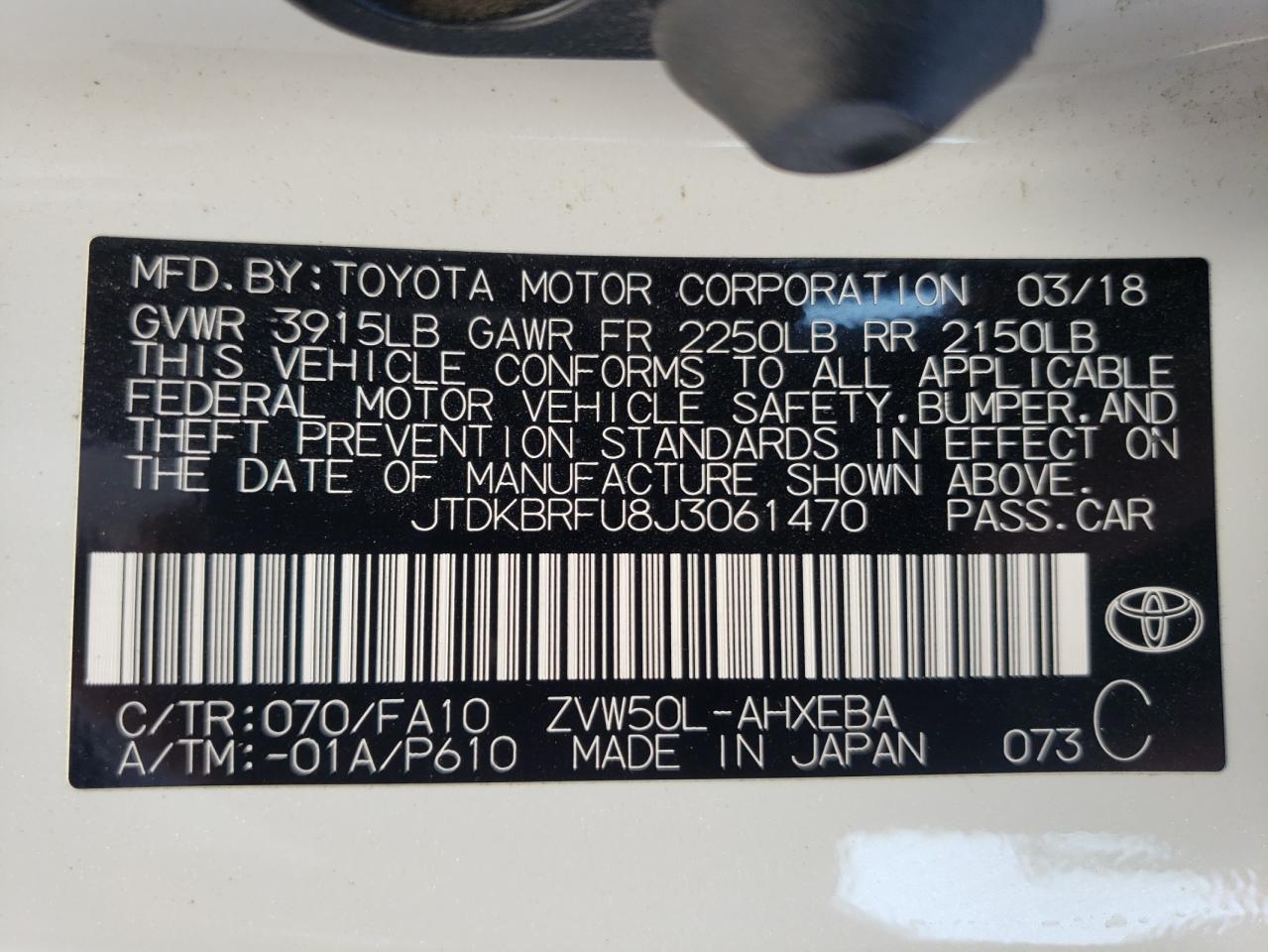 JTDKBRFU8J3061470 2018 Toyota Prius