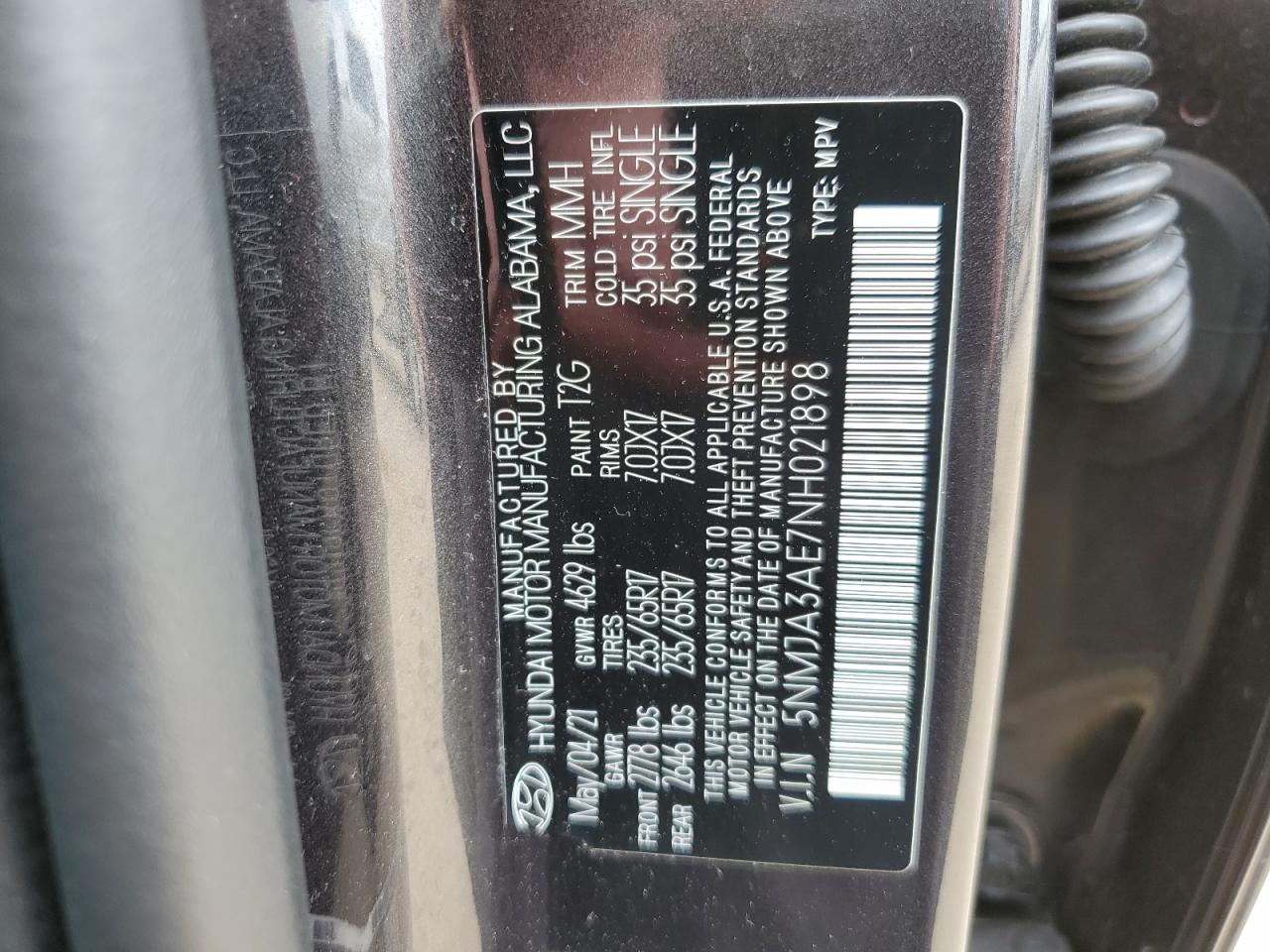 5NMJA3AE7NH021898 2022 Hyundai Tucson Se