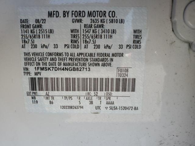 2022 Ford Explorer Xlt VIN: 1FMSK7DH4NGB82713 Lot: 62654564