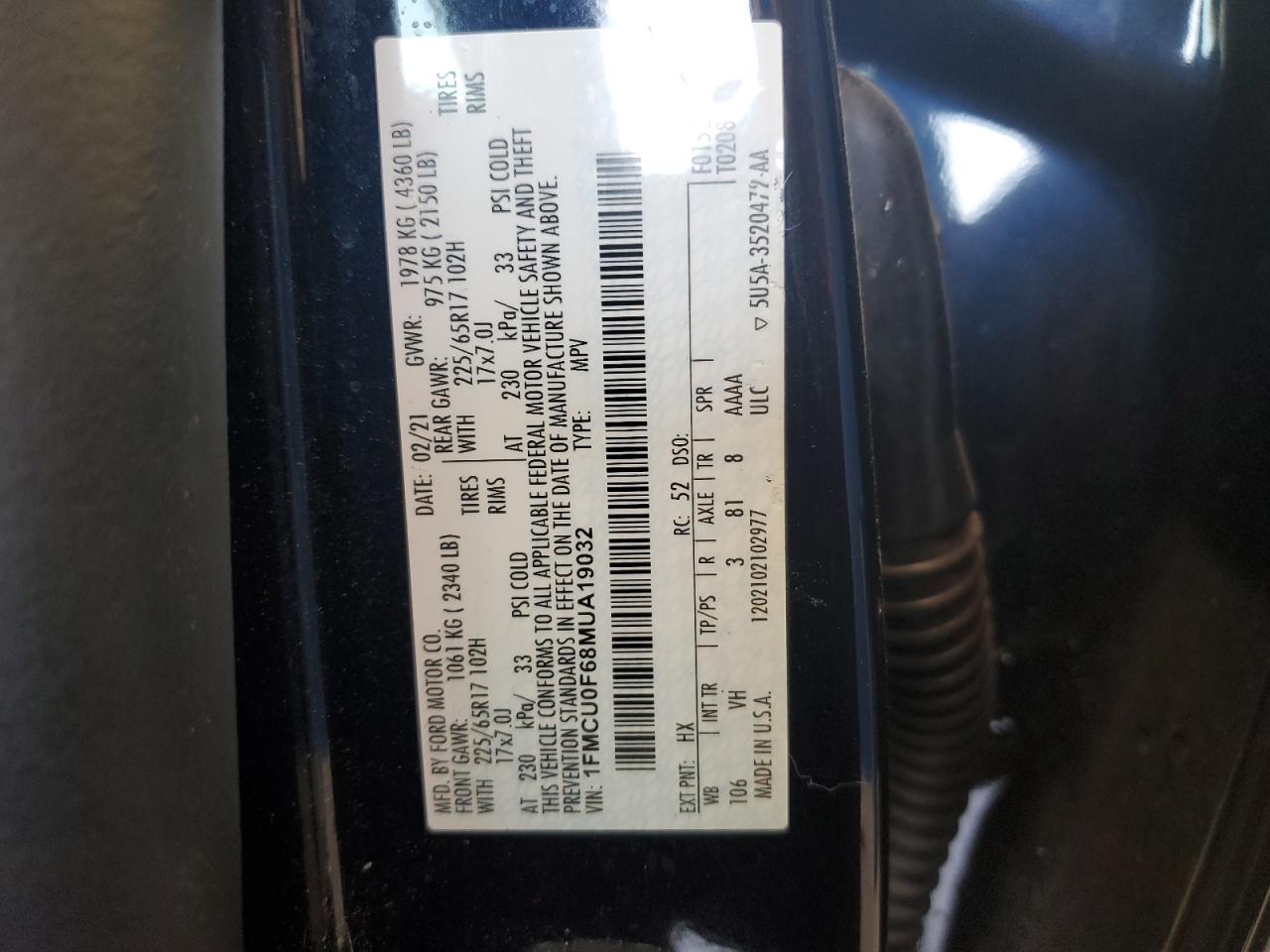 1FMCU0F68MUA19032 2021 Ford Escape S