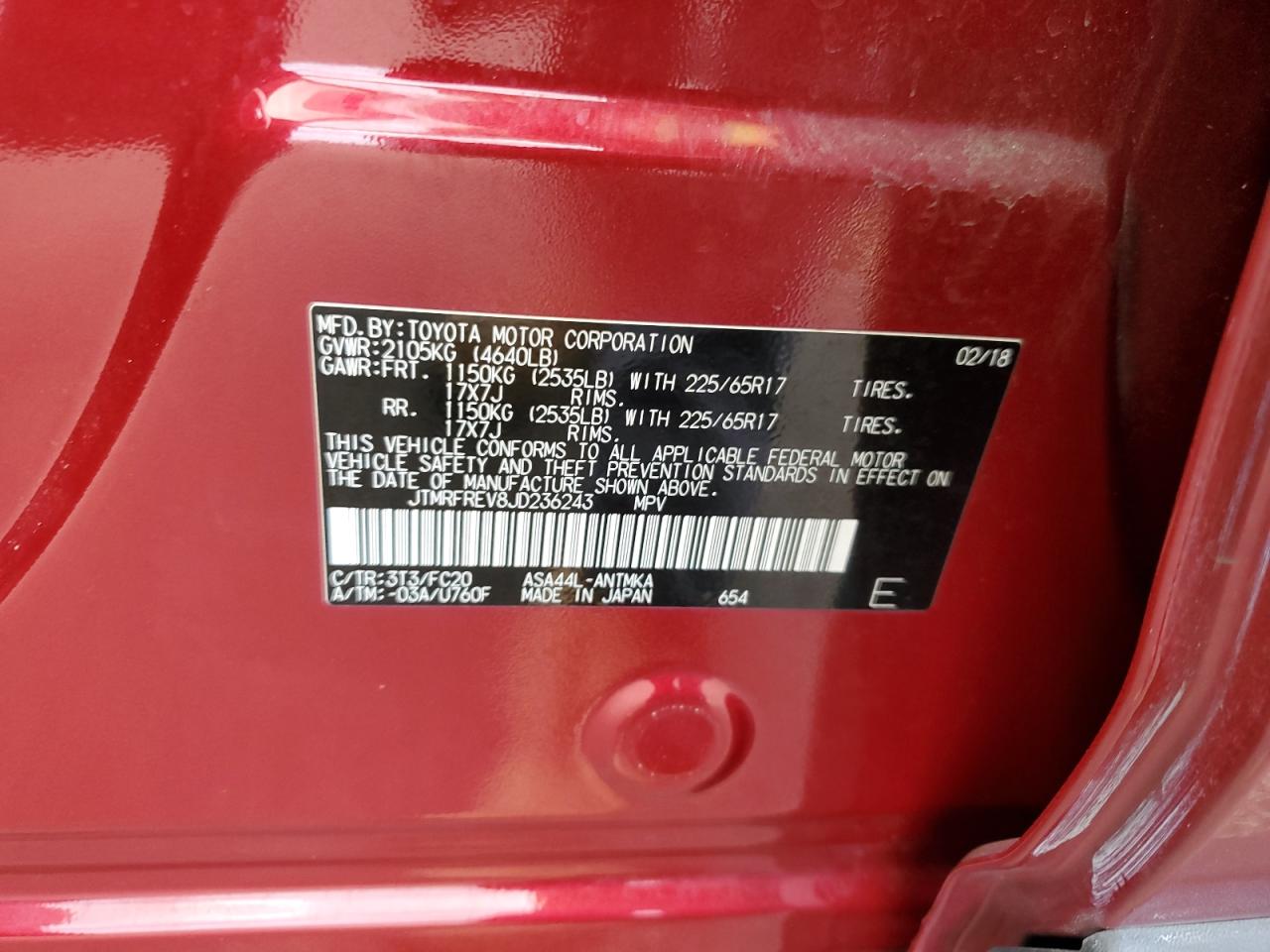 JTMRFREV8JD236243 TOYOTA RAV4 2018