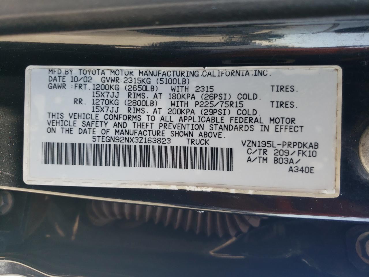 5TEGN92NX3Z163823 2003 Toyota Tacoma Double Cab Prerunner