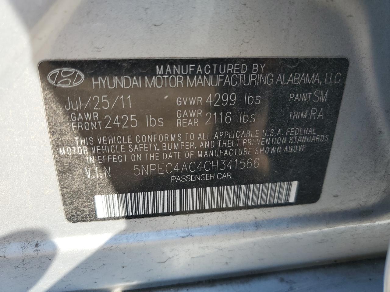 5NPEC4AC4CH341566 2012 Hyundai Sonata Se