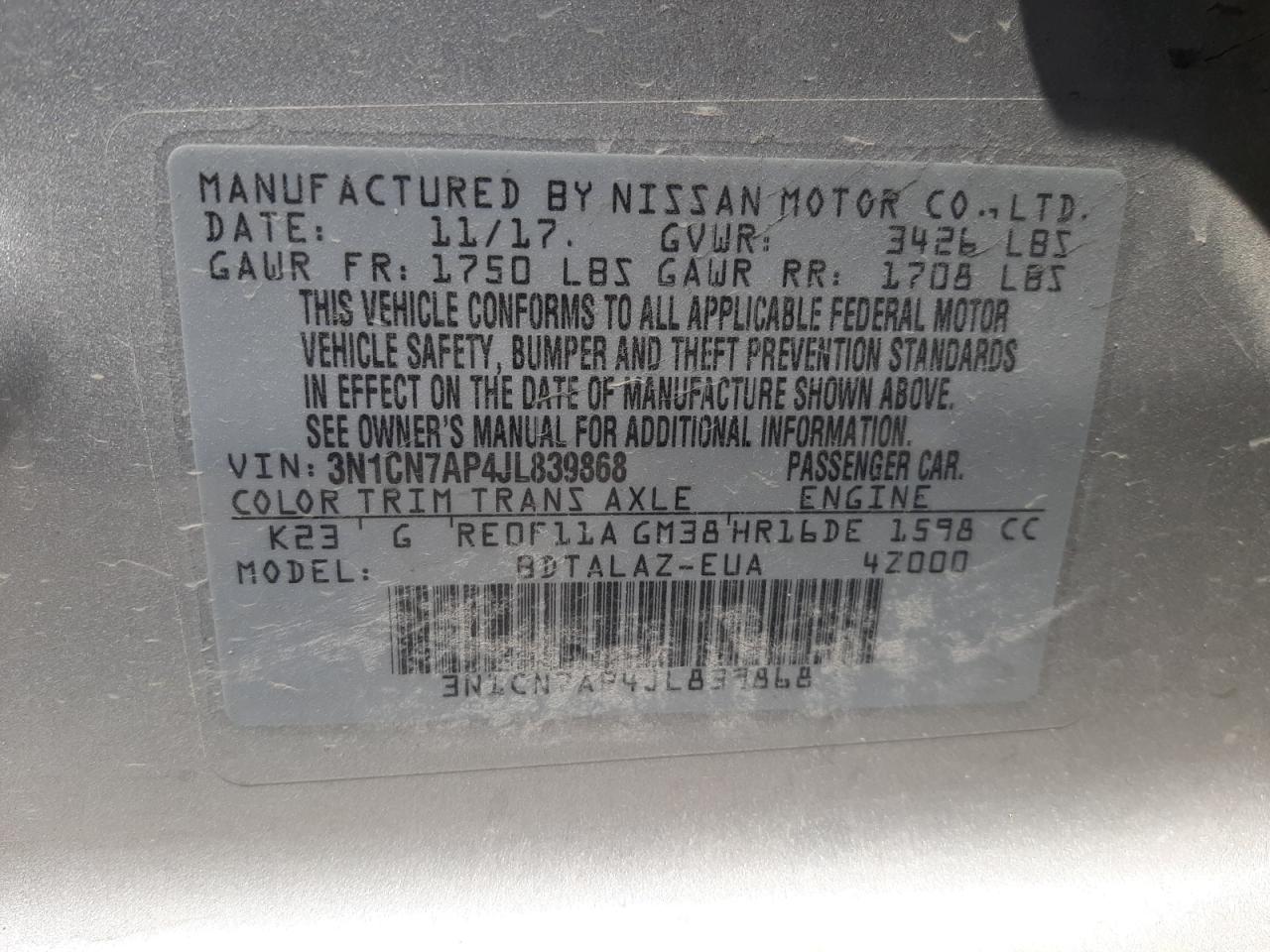 3N1CN7AP4JL839868 NISSAN VERSA 2018