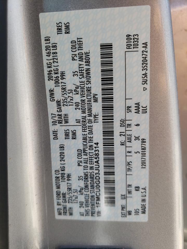 1FMCU0GD3JUA58314 FORD ESCAPE 2018