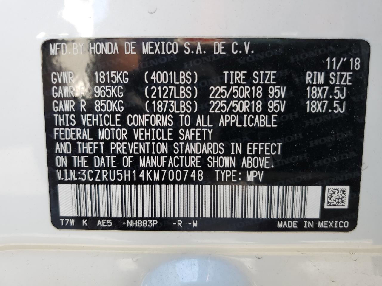 3CZRU5H14KM700748 2019 Honda Hr-V Sport