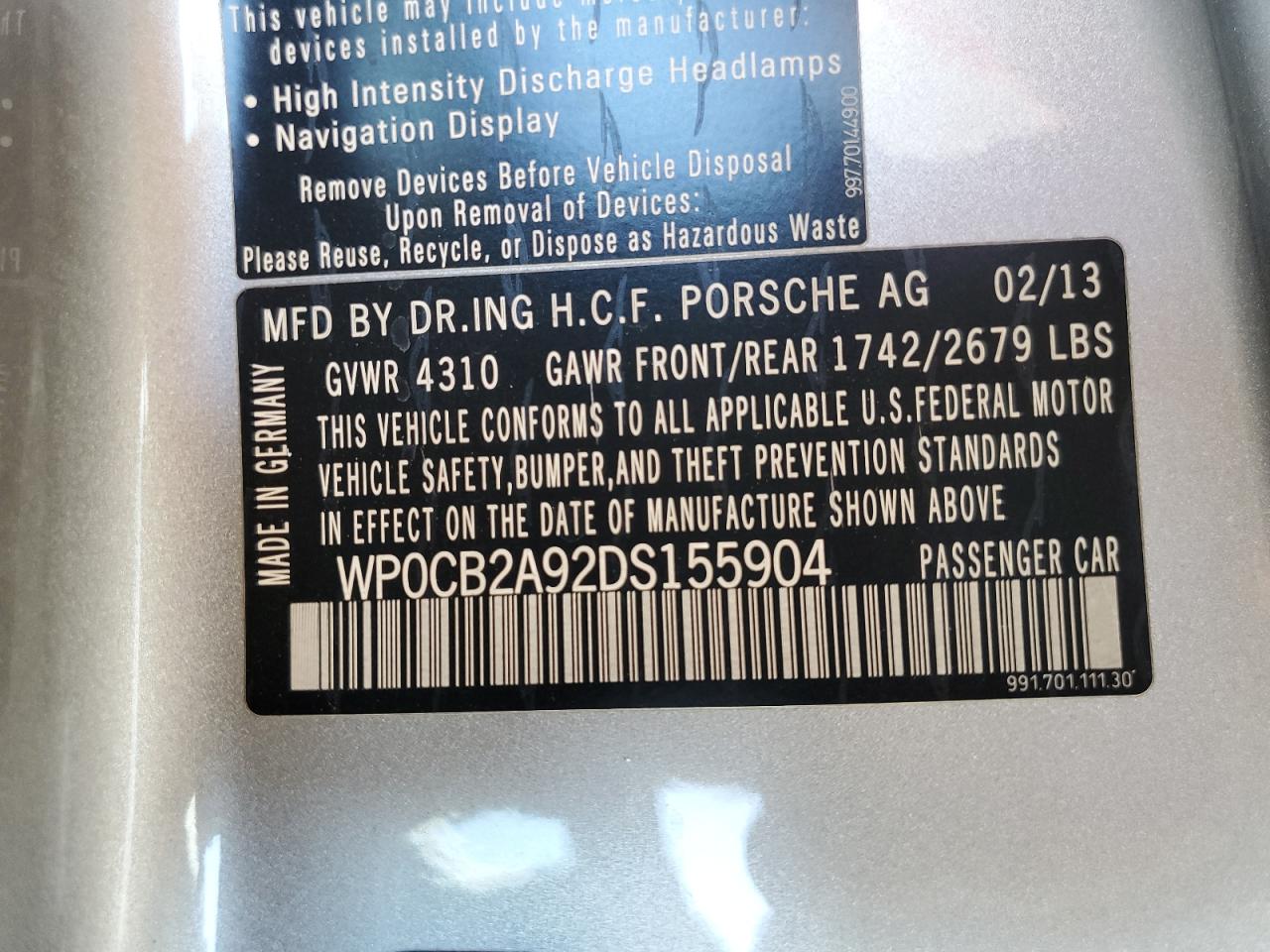WP0CB2A92DS155904 2013 Porsche 911 Carrera S