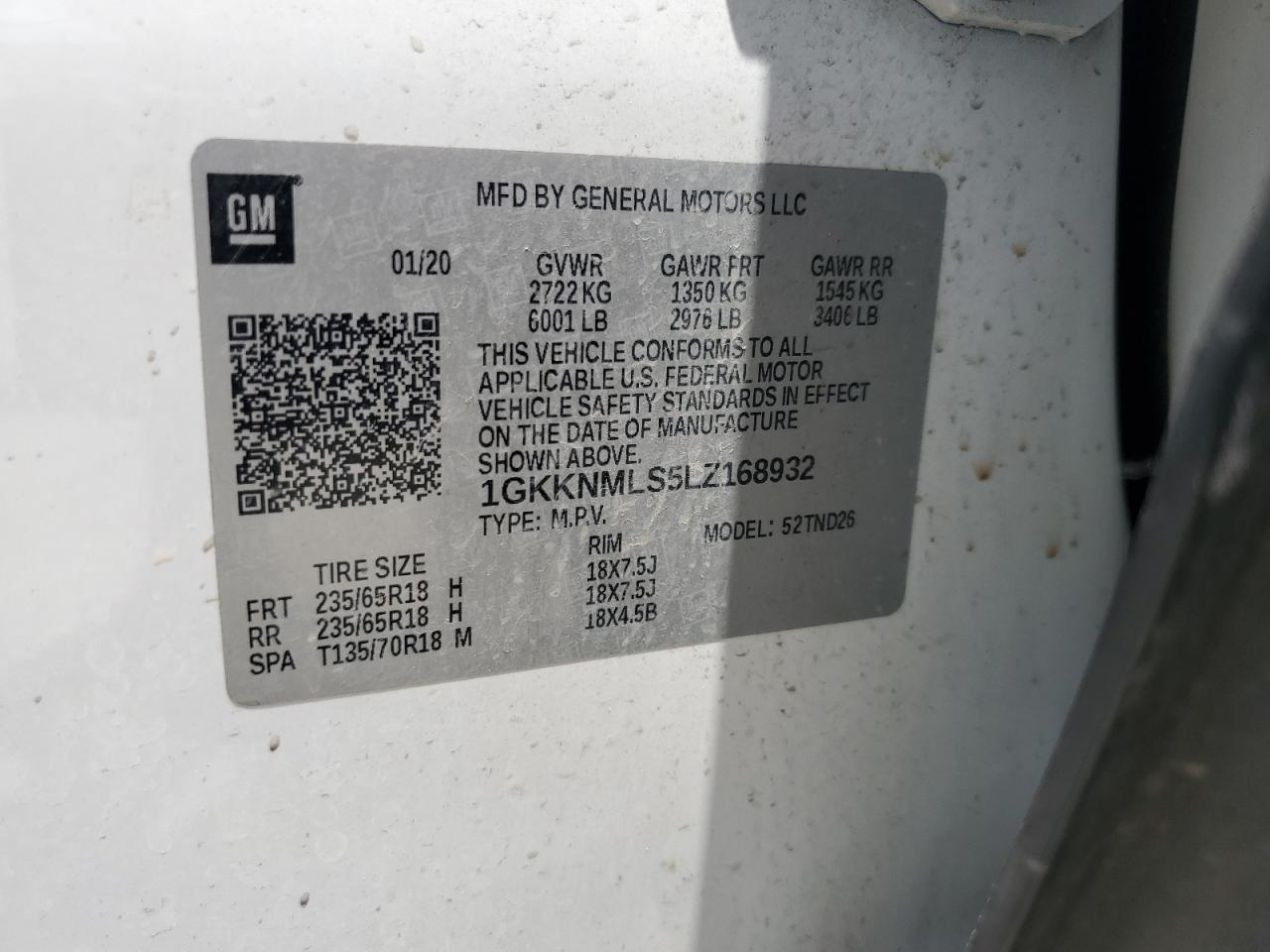 1GKKNMLS5LZ168932 2020 GMC Acadia Slt