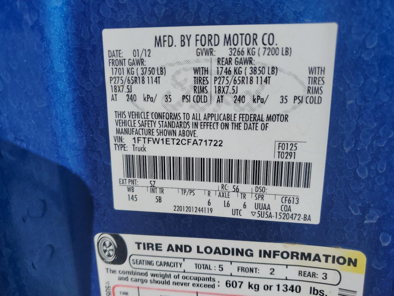 1FTFW1ET2CFA71722 2012 Ford F150 Supercrew