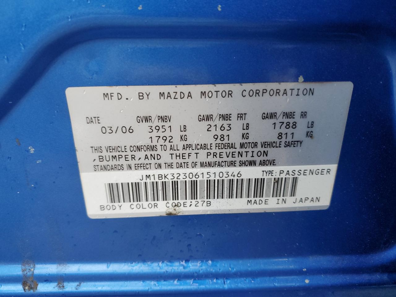 JM1BK323061510346 2006 Mazda 3 S