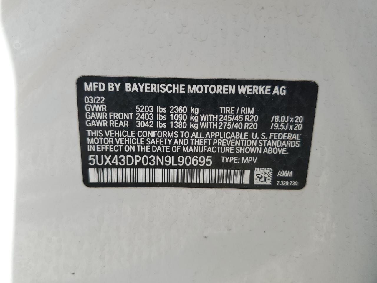 5UX43DP03N9L90695 2022 BMW X3 Sdrive30I