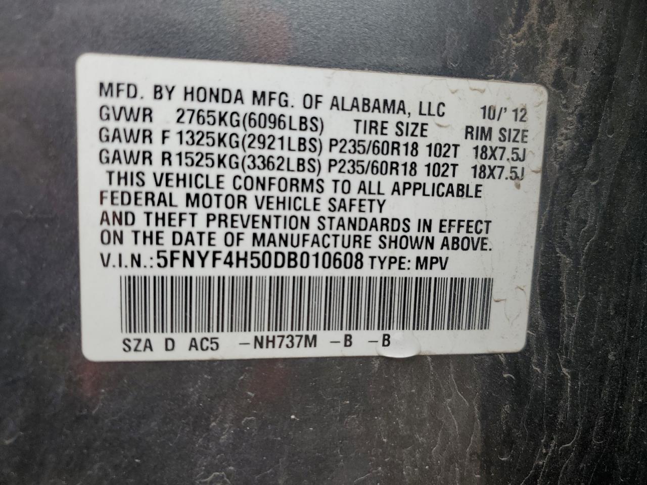 5FNYF4H50DB010608 2013 Honda Pilot Exl