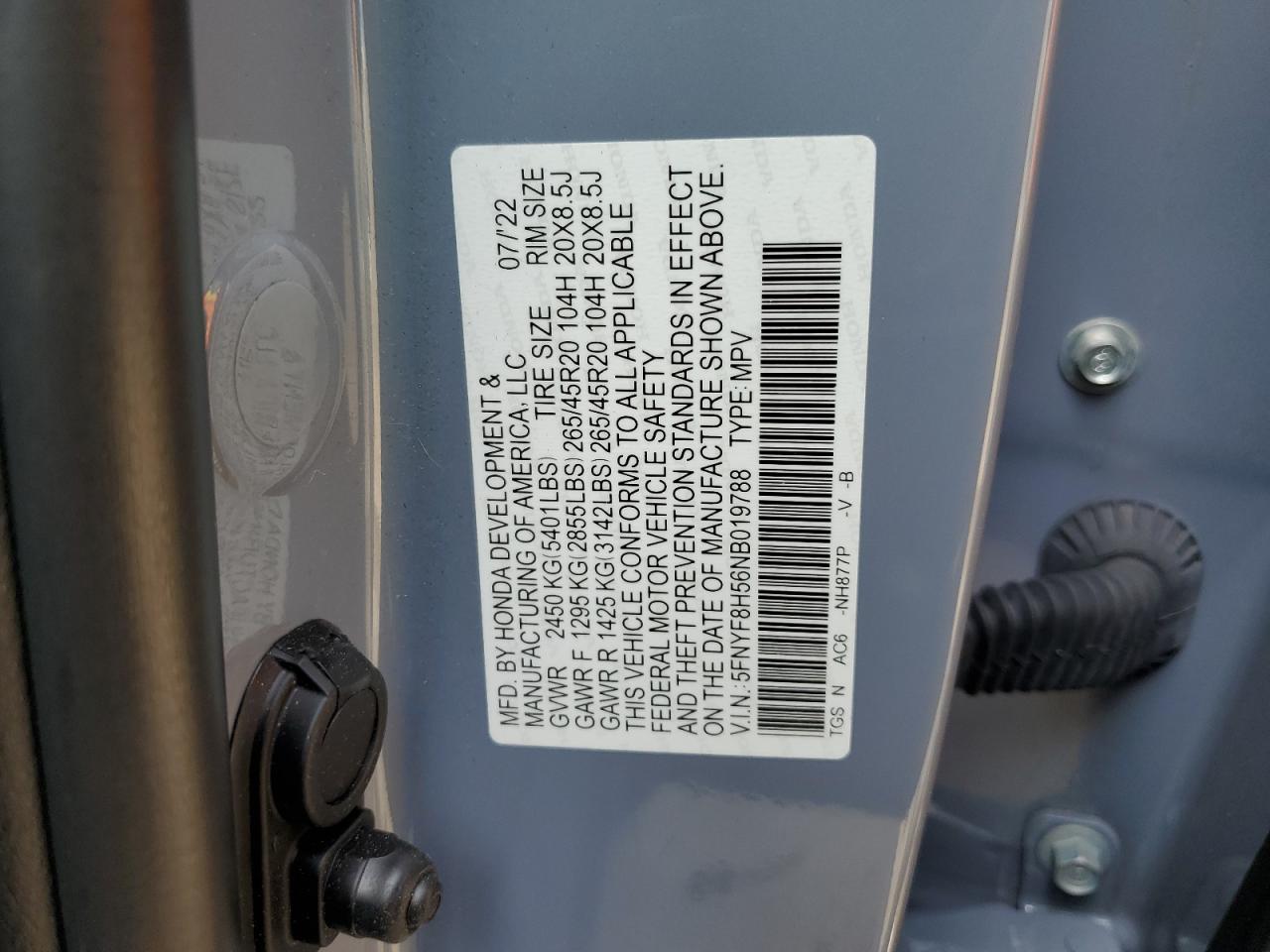 5FNYF8H56NB019788 2022 Honda Passport Exl