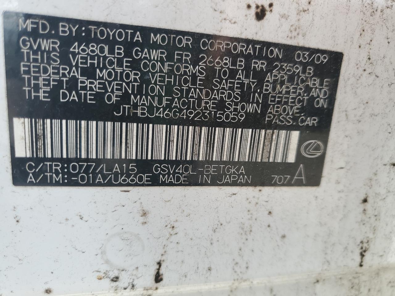 JTHBJ46G492315059 2009 Lexus Es 350