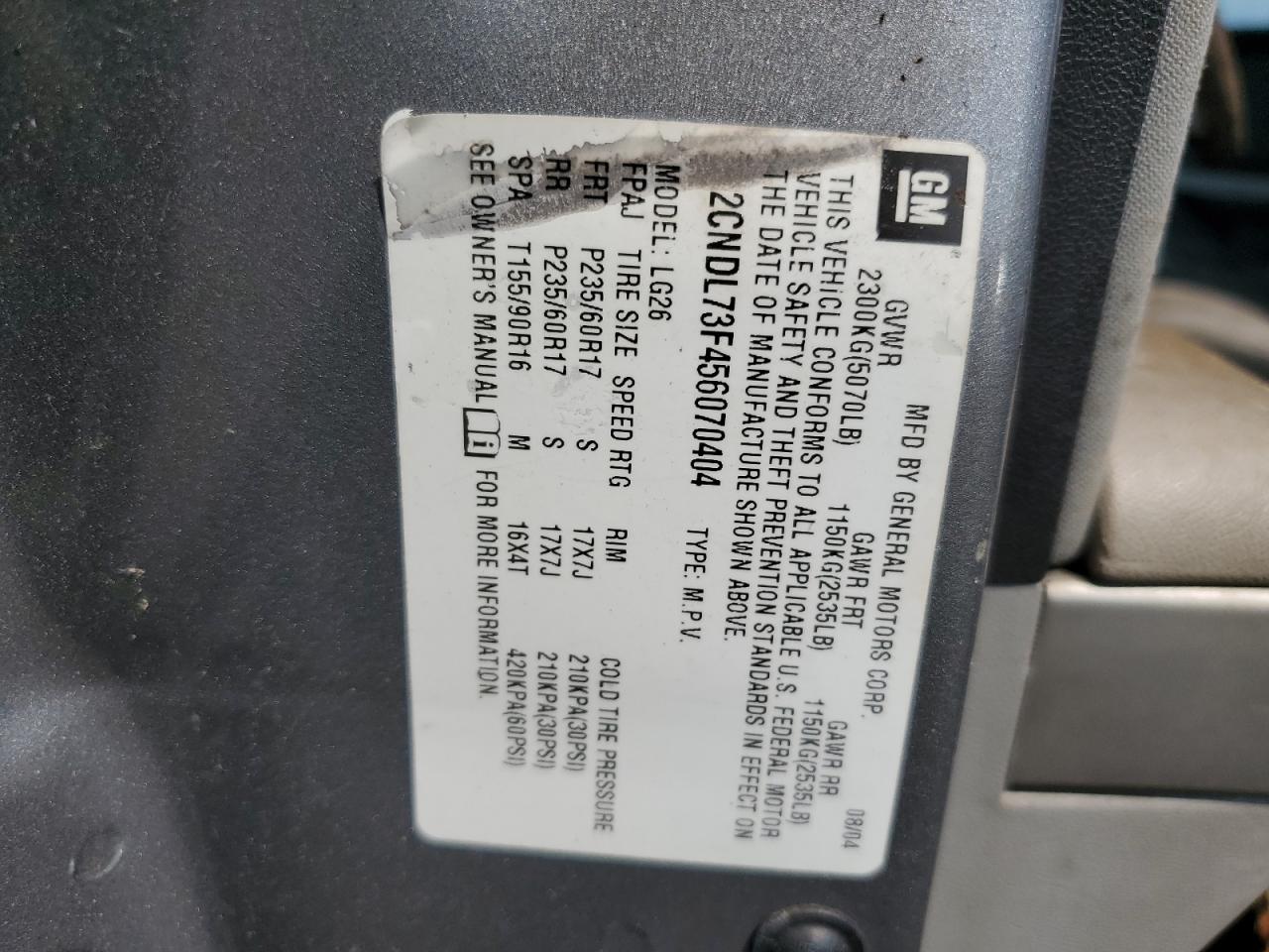 2CNDL73F456070404 2005 Chevrolet Equinox Lt