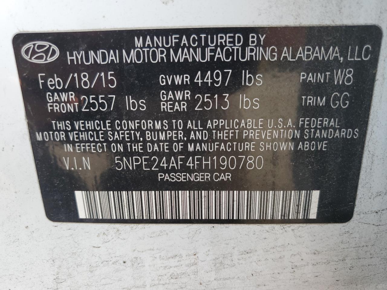 5NPE24AF4FH190780 2015 Hyundai Sonata Se