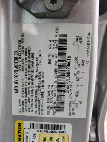 2019 Ford Fusion Se VIN: 3FA6P0LU6KR206016 Lot: 62840234