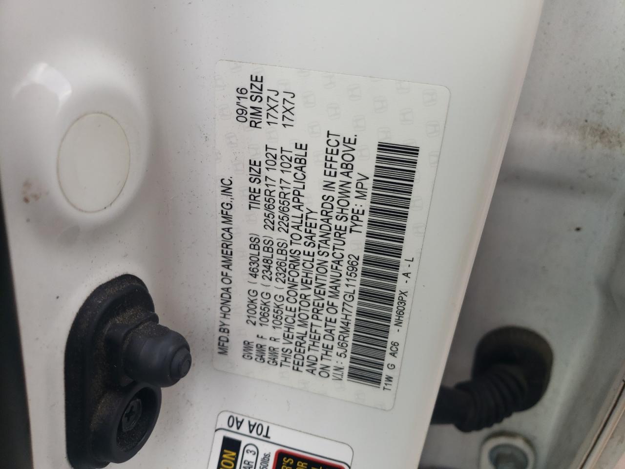 5J6RM4H77GL115962 HONDA CRV 2016